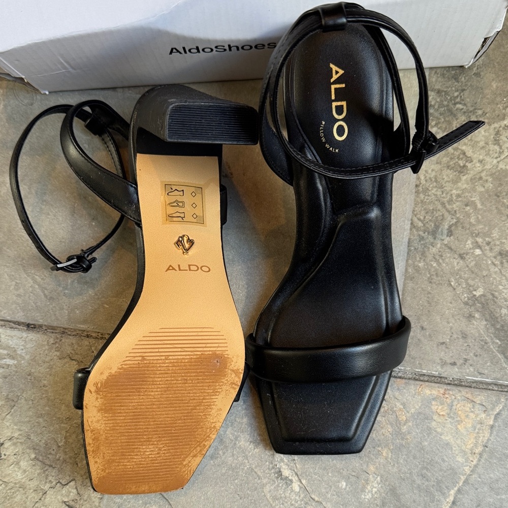 ALDO Black Strappy Square-Toe Ankle Strap Heels - Picture 4 of 7